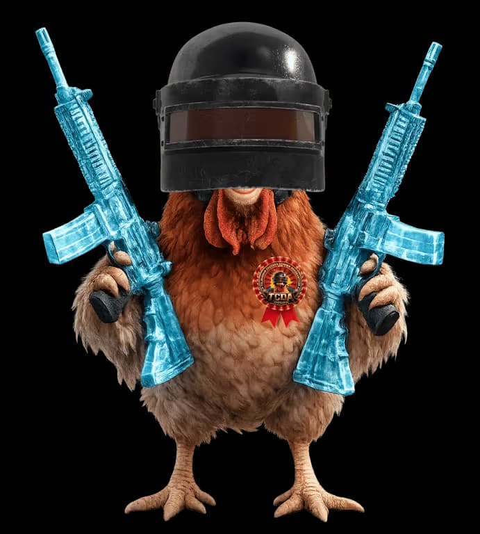 A chicken in a combat helmet holding two rifles